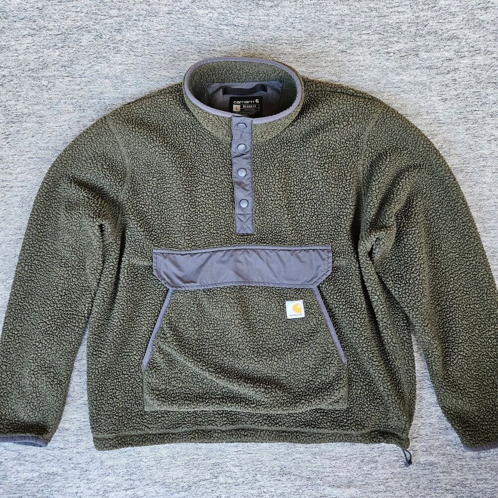 Carhartt Fleece Pullover Men's Large Olive Green Snap Mock Neck Jacket 104991